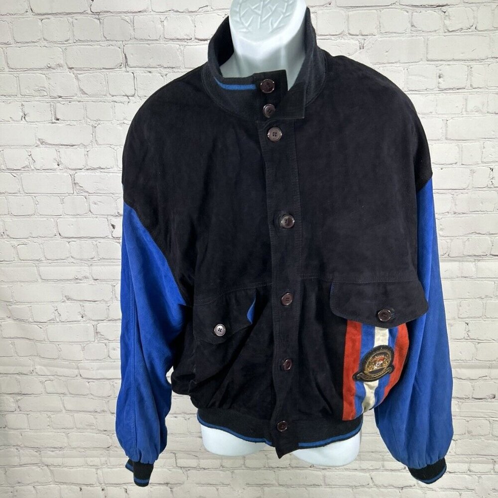 VTG FC Bayern Munich Blue Black Button Up Leather Bomber Jacket Football Mens XL